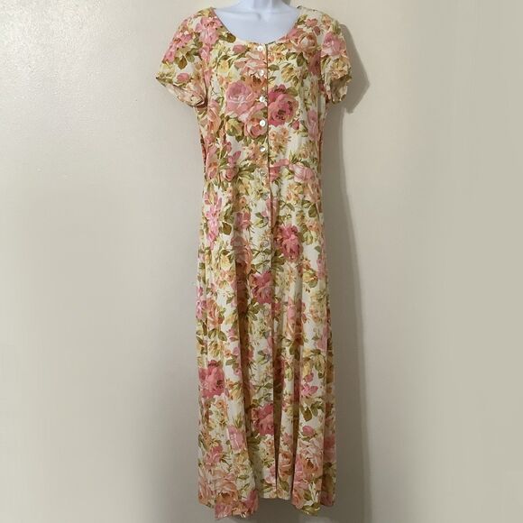 Vintage 90s Cottagecore Colorful Floral Fairy Prairie Full Button Maxi Dress 16T - Picture 1 of 8